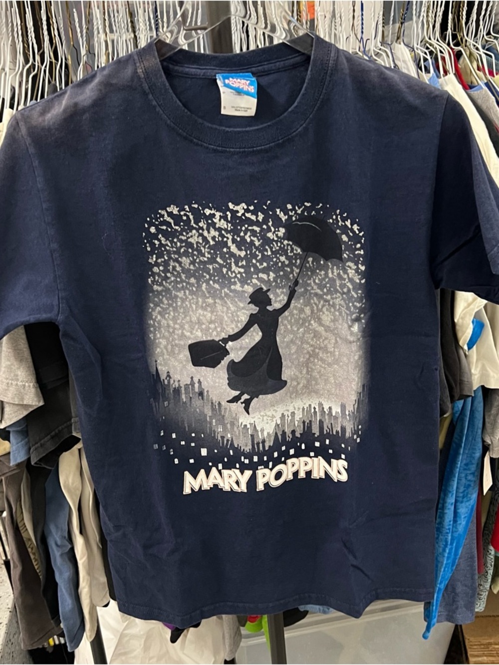 Disney Mary Poppins Shirt Mens Sz S Navy Blue Graphic Tee Movie Musical Broadway